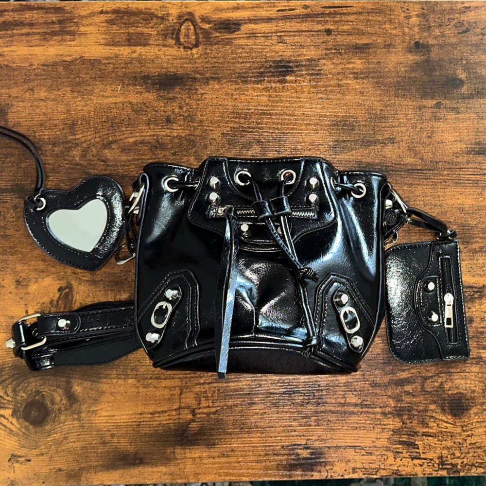 Black Faux Leather Bucket Bag with Silver Accents